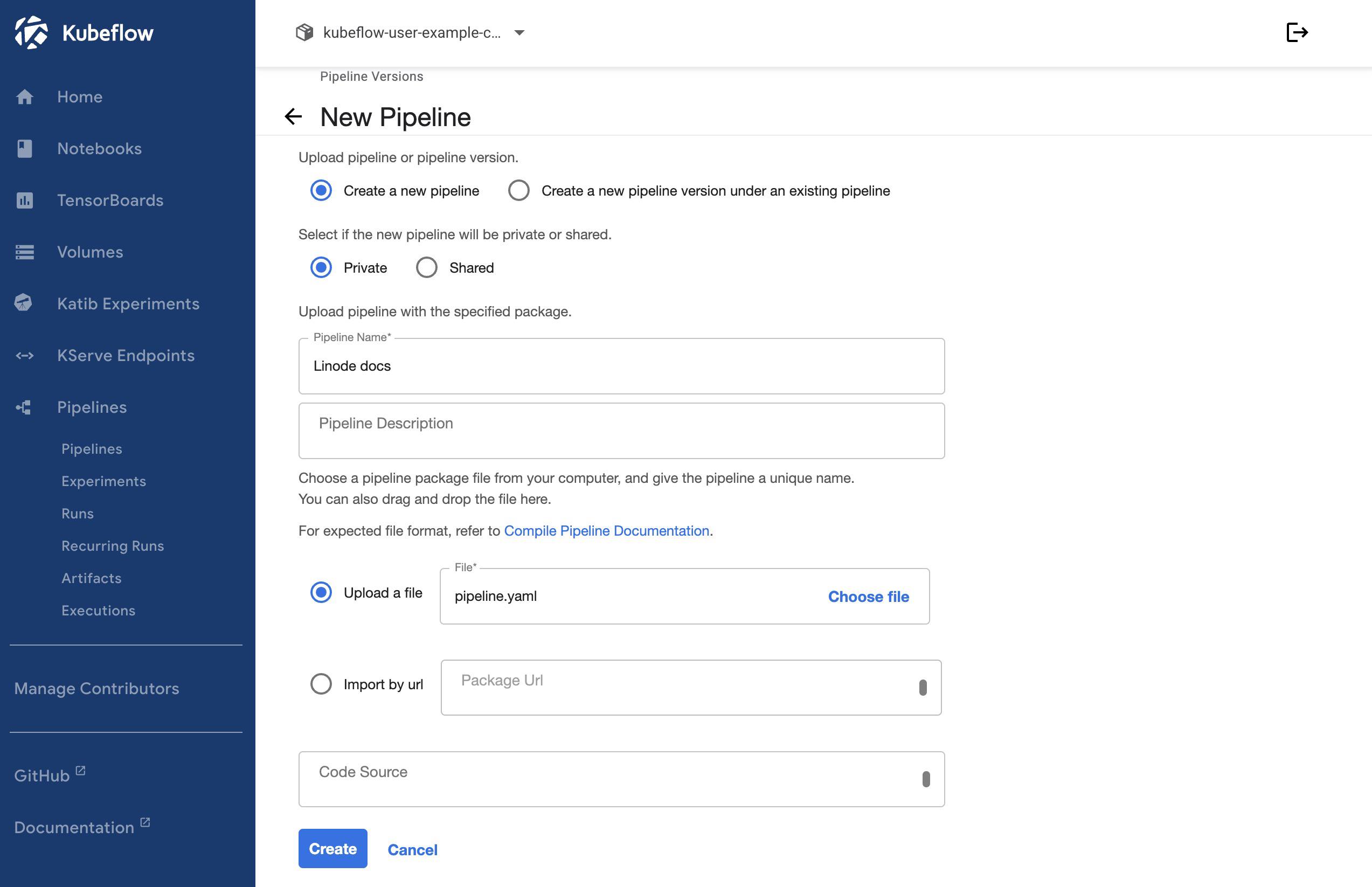 Screenshot of the “New Pipeline” page within Kubeflow Screenshot of the “New Pipeline” page within Kubeflow