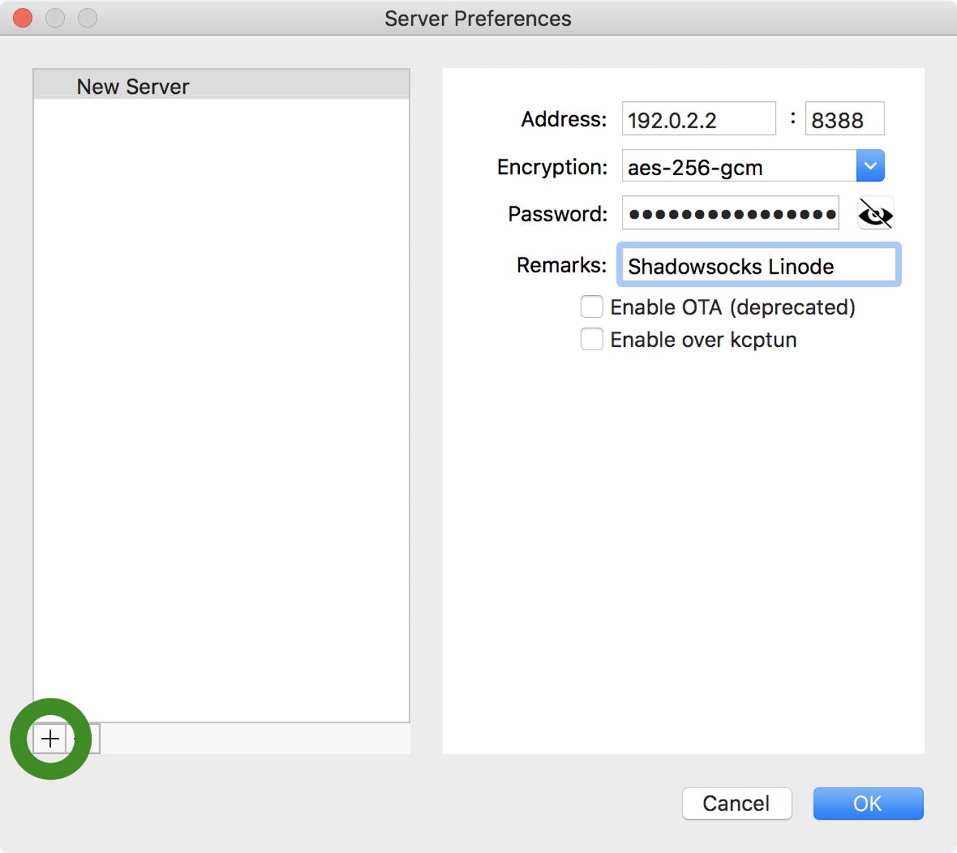 macOS Shadowsocks menu bar - Server Preferences window macOS Shadowsocks menu bar - Server Preferences window
