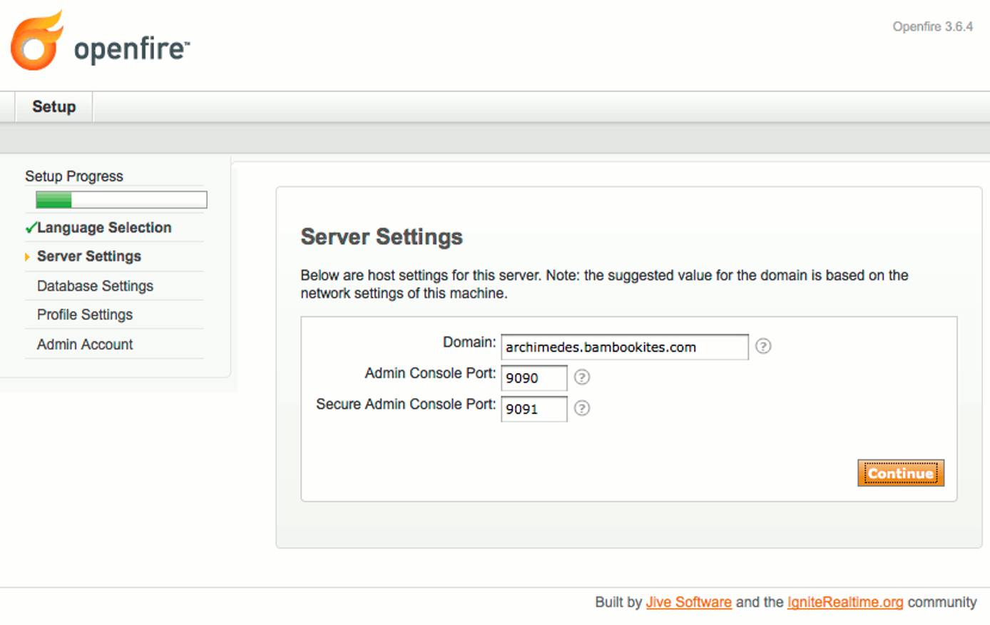 Domain and admin ports selection in Openfire setup on Ubuntu 9.10 (Karmic). Domain and admin ports selection in Openfire setup on Ubuntu 9.10 (Karmic).