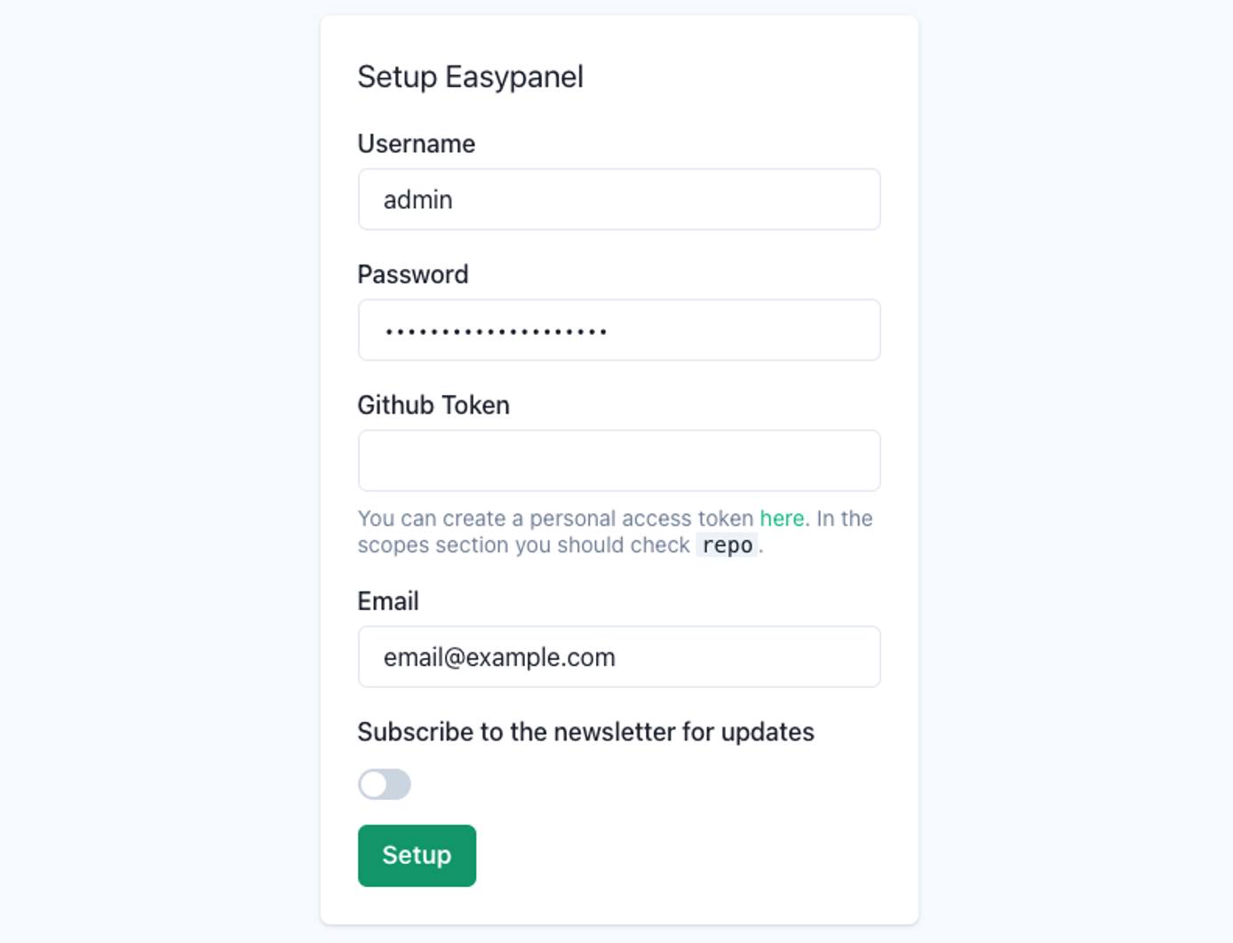 Screenshot of the Easypanel setup page Screenshot of the Easypanel setup page