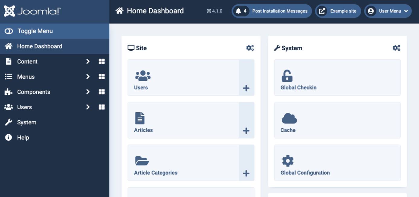 Screenshot of a Joomla admin dashboard Screenshot of a Joomla admin dashboard