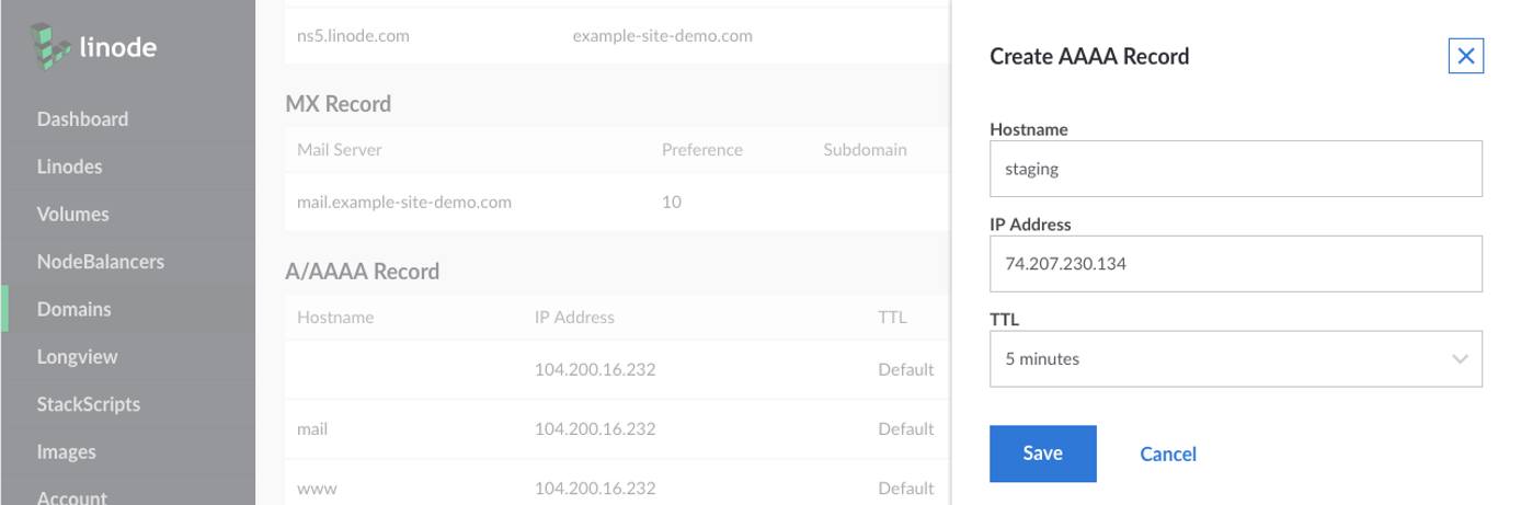 Create a new A record, following the instructions in the “Adding” section. Add the subdomain text to the “Hostname” field. For example, you could type “staging” - NOT “staging.example-site-demo.com”. Create a new A record, following the instructions in the “Adding” section. Add the subdomain text to the “Hostname” field. For example, you could type “staging” - NOT “staging.example-site-demo.com”.
