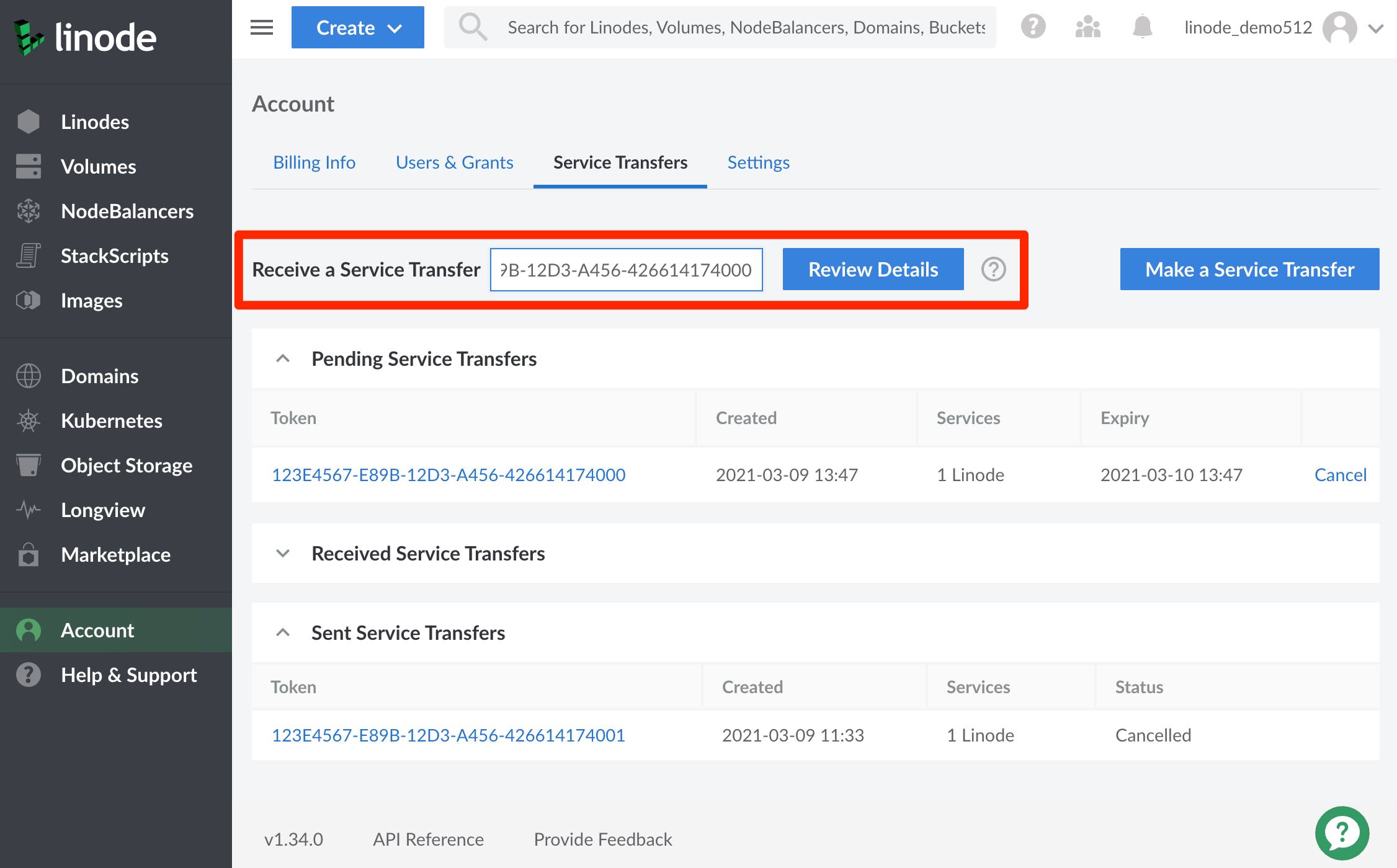 Review the summary of Linode services to be transferred before accepting. Review the summary of Linode services to be transferred before accepting.