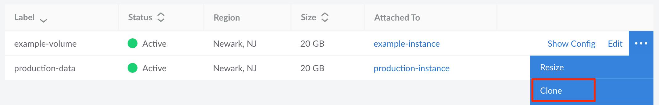 Screenshot of the Clone link for a Block Storage volume Screenshot of the Clone link for a Block Storage volume